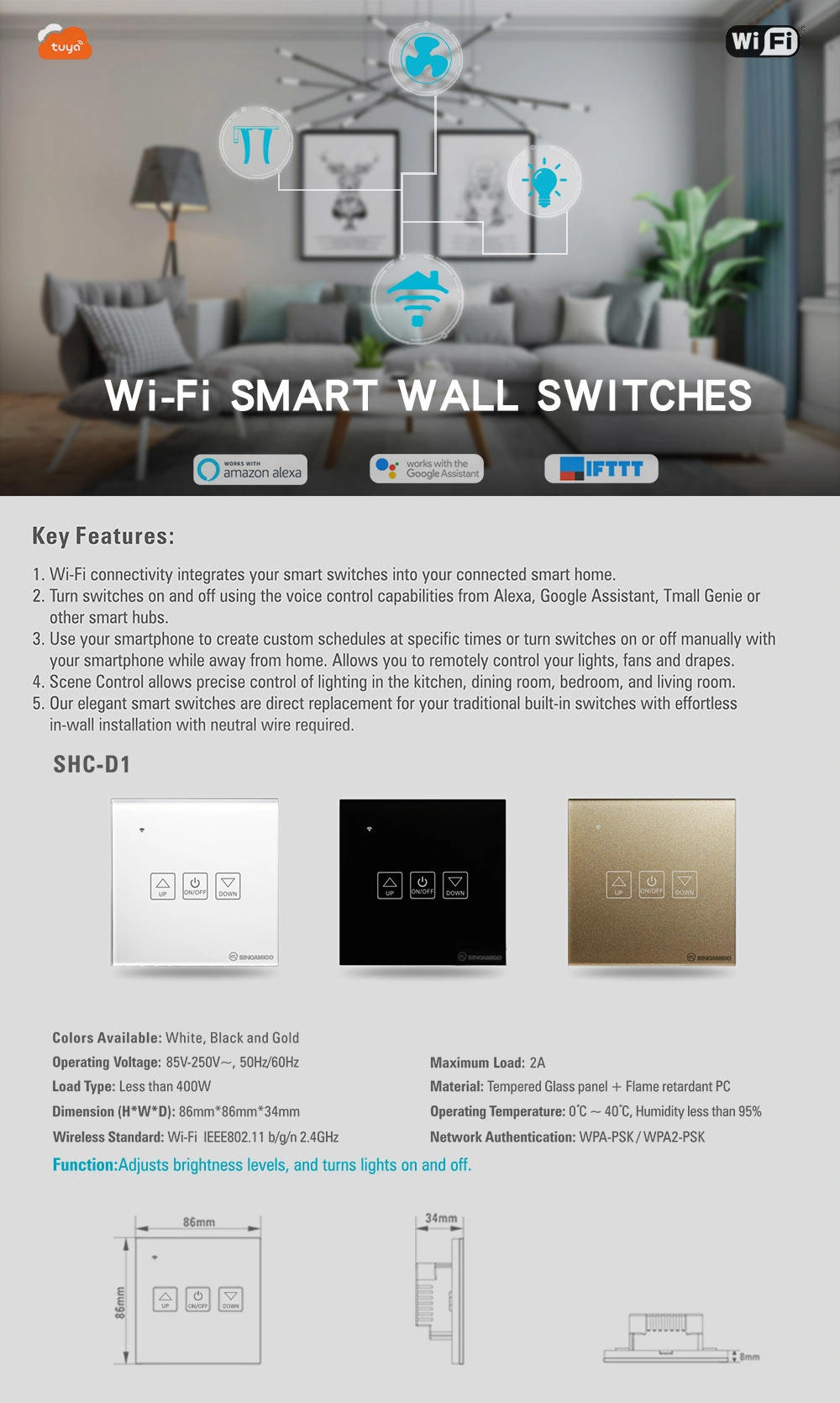 Sinoamigo Smart Home Series WiFi Smart Wall Switch Remotely Control, Dimming Lighting System