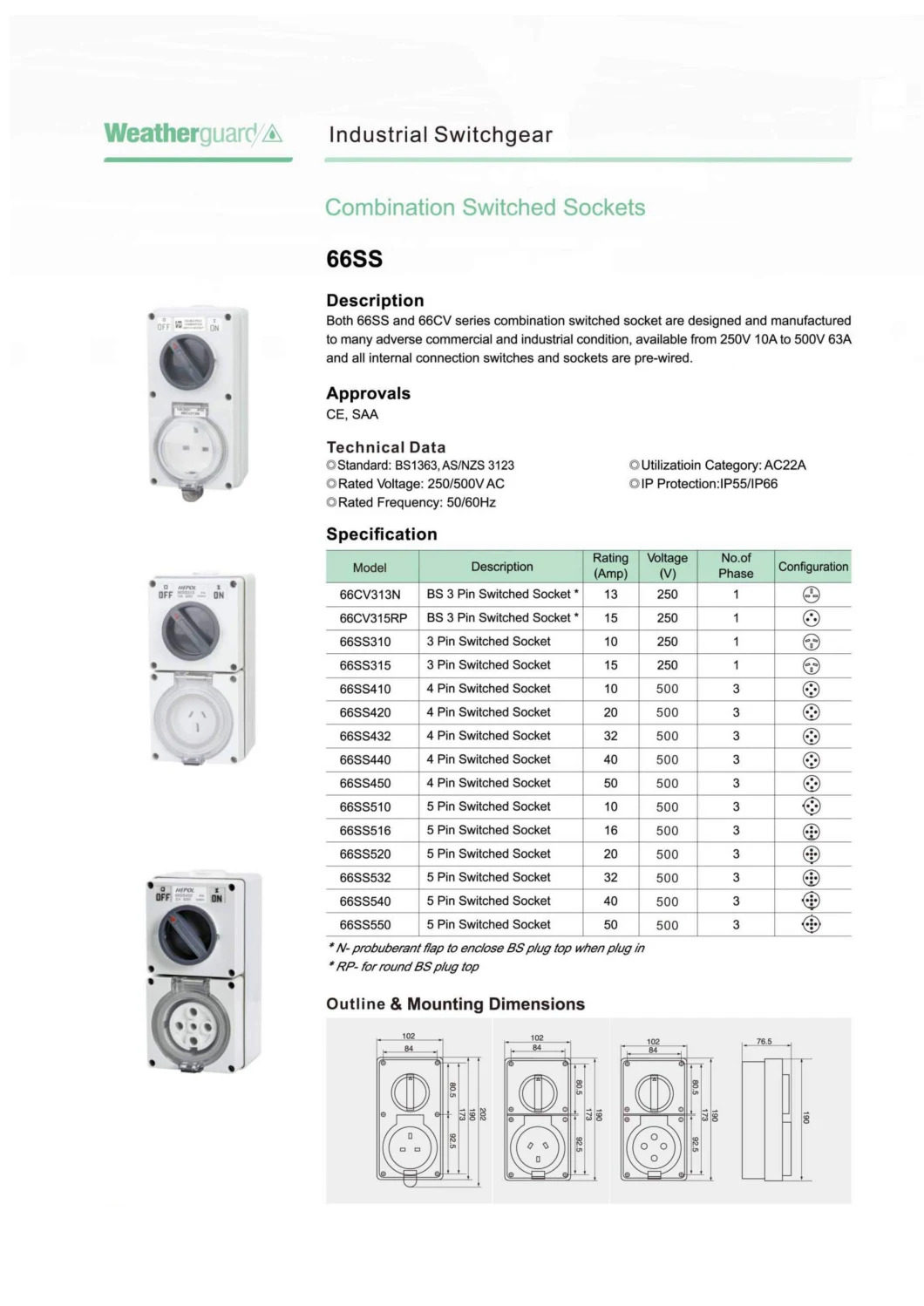 3 Pin Round Combination Weatherproof Switch Socket IP66