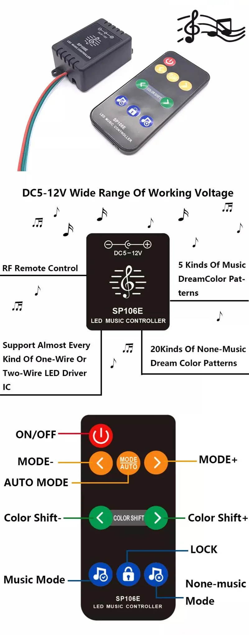 RF Digital Spi RGB LED Strip Light RGB Music RGB Controller Sp106e Control by Music