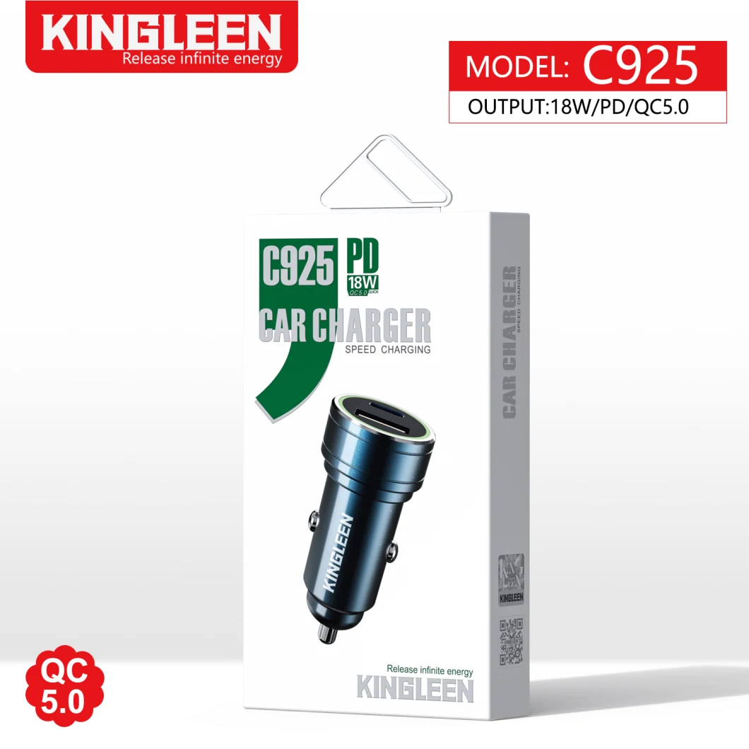 Kingleen C925 Zinc Alloy Car Charger Dual USB Port Smart Fast Car Charging & Type-C Port Pd18W IP13 Free Sample