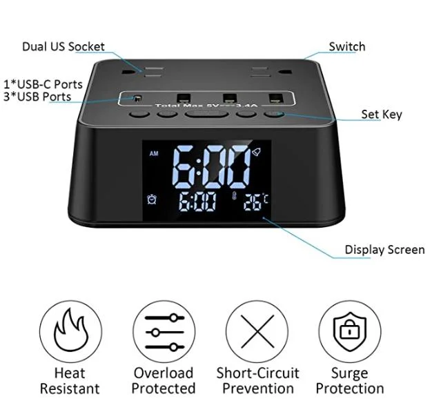 Alarm Clock Power Strip Surge Protector Socket, 2 AC Outlets 3 USB a Ports & 1 USB C Port, 6FT Cord for Bedroom, Dorm, Hotel